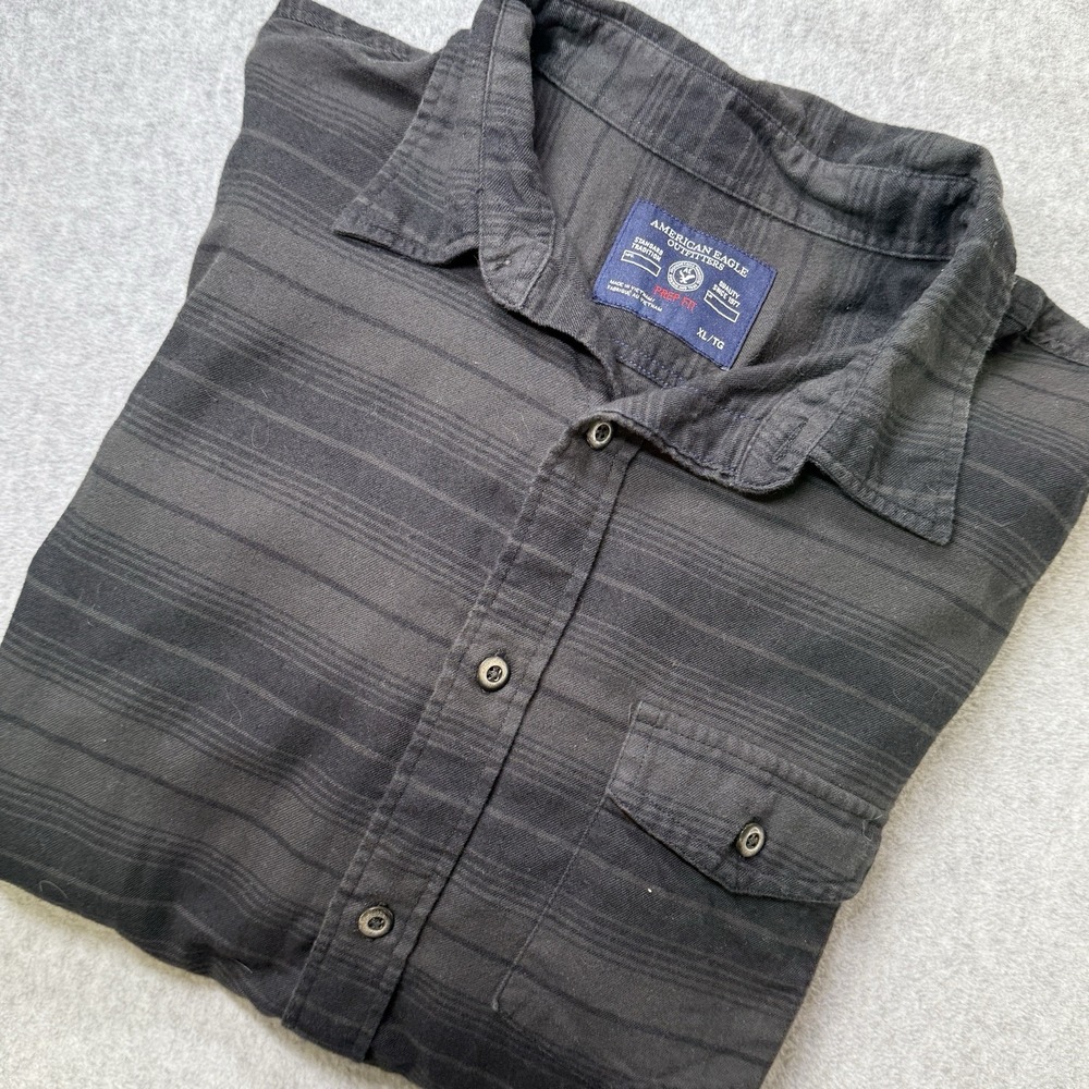 American Eagle Men's Button-Up Shirt XL Gray Black Striped Long Sleeve Prep Fit